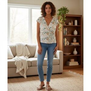 RW&Co. Floral wrap short sleeve blouse size XL